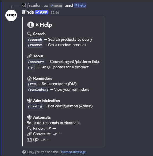 JJFINDS help command list